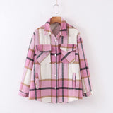 Huibaolu New Autumn Sanded Blouse Women's Lapel Single-Breasted Plaid Coat