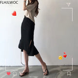 Huibaolu Sales New Design Chic Korea Fashion Women Office Lady Solid Black Iregular High Waist Tunic Long Split Slit Pencil Skirts