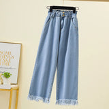 Huibaolu Straight Jeans For Women 2024 Spring Autumn Tassels Blue Loose Denim Trousers Elastic Waist Wide Leg Pants