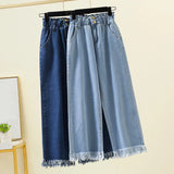 Huibaolu Straight Jeans For Women 2024 Spring Autumn Tassels Blue Loose Denim Trousers Elastic Waist Wide Leg Pants