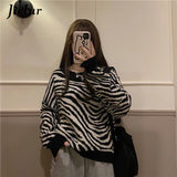 Huibaolu Winter Harajuku Women&#39;s Sweater Loose Pullovers Ladies Soft Striped Zebra Chic Korean Knitted Sweaters O-Neck Casual Top