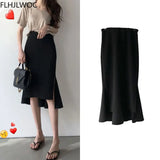 Huibaolu Sales New Design Chic Korea Fashion Women Office Lady Solid Black Iregular High Waist Tunic Long Split Slit Pencil Skirts