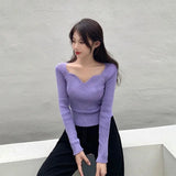 Huibaolu Women 2024 Solid Knitwear Female Jumper Autumn Knitted Sweaters Women Low-Cut V-Neck Cropped Sexy Bottoming Slim Fit Pullovers