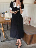 Huibaolu Korea Fashion Clothes Feminine Vestidos Women Vintage Peter Pan Collar Single Breasted Hot Black Dot Long Maxi Shirt Dress