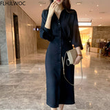 Huibaolu Chic Korea Fashion Clothes Fenimine Vestidos Women Elegant Office Lady Vintage Single Breasted Button Solid Shirt Dress