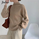 Huibaolu Lantern Sleeve Sweater Women Turtleneck Office Lady Pure Color Knitted Pullover Loose White Khaki Sweaters for Women