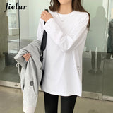Huibaolu Autumn White Black Tops Women Korean Appliques Split Cotton T-shirt Female Long Sleeve Casual Loose Basic Shirt S-XL