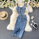 Huibaolu Skirt Set Women Sexy Camisole Tops + High Waist Denim Pencil Skirt 2Pcs Suit Fashion Female Summer Slim Bodycon Suits