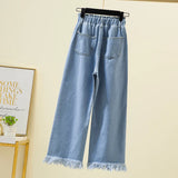 Huibaolu Straight Jeans For Women 2024 Spring Autumn Tassels Blue Loose Denim Trousers Elastic Waist Wide Leg Pants