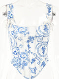 huibahe Bodycon Low Chest Bandage Women Tops Blue Spaghetti Strap Short Print Tops Women French Style Spring Fashion Streetwear 0410