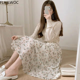 Huibaolu Chic Korea Clothes Summer Women Cute Sweet GIrls Floral Printed Robe Holiday Date Hight Waist Long Skirts