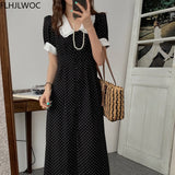 Huibaolu Korea Fashion Clothes Feminine Vestidos Women Vintage Peter Pan Collar Single Breasted Hot Black Dot Long Maxi Shirt Dress