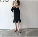 Huibaolu Sales New Design Chic Korea Fashion Women Office Lady Solid Black Iregular High Waist Tunic Long Split Slit Pencil Skirts