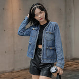 Huibaolu Women's Denim Jacket 2024 New Autumn Small Fragrance Wind Long-sleeve Cardigan Female Coat Lady Retro Loose Short Jean Outerwear