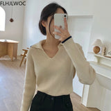Huibaolu Korean Femme Tops Women Fashion Winter Spring Basic Wear Jumpers Solid Knitted Pullovers Short Sweaters