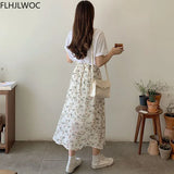 Huibaolu Chic Korea Clothes Summer Women Cute Sweet GIrls Floral Printed Robe Holiday Date Hight Waist Long Skirts