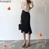Huibaolu Sales New Design Chic Korea Fashion Women Office Lady Solid Black Iregular High Waist Tunic Long Split Slit Pencil Skirts