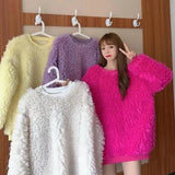 Huibaolu Ins Lamb Wool Solid Color O-neck Women's Sweater Casual Top 2024 New Winter Korean Long-sleeve Plush Warm Sweatshirt