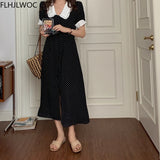 Huibaolu Korea Fashion Clothes Feminine Vestidos Women Vintage Peter Pan Collar Single Breasted Hot Black Dot Long Maxi Shirt Dress