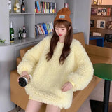 Huibaolu Ins Lamb Wool Solid Color O-neck Women's Sweater Casual Top 2024 New Winter Korean Long-sleeve Plush Warm Sweatshirt