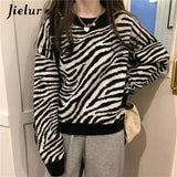 Huibaolu Winter Harajuku Women's Sweater Loose Pullovers Ladies Soft Striped Zebra Chic Korean Knitted Sweaters O-Neck Casual Top