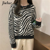 Huibaolu Winter Harajuku Women&#39;s Sweater Loose Pullovers Ladies Soft Striped Zebra Chic Korean Knitted Sweaters O-Neck Casual Top