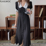 Huibaolu Korea Fashion Clothes Feminine Vestidos Women Vintage Peter Pan Collar Single Breasted Hot Black Dot Long Maxi Shirt Dress