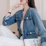 Huibaolu Women's Denim Jacket 2024 New Autumn Small Fragrance Wind Long-sleeve Cardigan Female Coat Lady Retro Loose Short Jean Outerwear