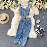 Huibaolu Skirt Set Women Sexy Camisole Tops + High Waist Denim Pencil Skirt 2Pcs Suit Fashion Female Summer Slim Bodycon Suits