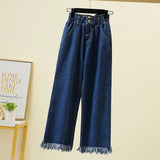 Huibaolu Straight Jeans For Women 2024 Spring Autumn Tassels Blue Loose Denim Trousers Elastic Waist Wide Leg Pants