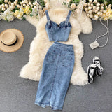 Huibaolu Skirt Set Women Sexy Camisole Tops + High Waist Denim Pencil Skirt 2Pcs Suit Fashion Female Summer Slim Bodycon Suits