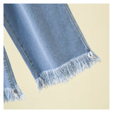 Huibaolu Straight Jeans For Women 2024 Spring Autumn Tassels Blue Loose Denim Trousers Elastic Waist Wide Leg Pants