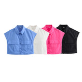 Huibaolu New Four-Color Sleeveless Pocket Short Blouse