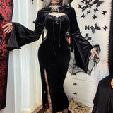 Huibaolu Halloween New Women's Dress Suit Hat Horn Sleeve Spider Web Dress