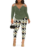 Huibaolu Autumn And Winter Women's Wear New Shoulder Spliced Long-Sleeved Printed Trousers Two Sets