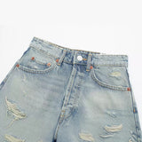 Huibaolu Spring Style High-Waisted Denim Shorts Decorated With Holes 2569073