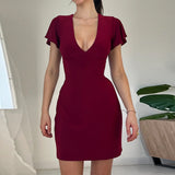 Huibaolu Sexy V Collar Waist Shows Thin Short-Sleeved Dress Temperament Slim Casual Pure Color Hip Skirt Woman