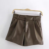 Huibaolu Spring Style Pleated Leather Solid Color Fashion Trendy Shorts 7385290