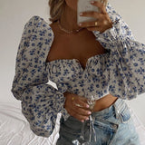 Huibaolu New Summer Women's Wear Sexy And Fashionable Floral Horn Sleeves With Wrinkles Showing Navel Short Blouse