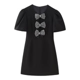 Huibaolu New Spring Bow Knot Decorated With Hollowed-Out Slim Short Dress