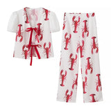 Huibaolu Women's New Style Lobster Print Lace-Up Short-Sleeved Shirt + Lobster Print Leisure Trousers Set