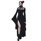 Huibaolu Lace Stitching Long Dress Sexy Split Split Hollowed-Out Dress With Long Horn Sleeves