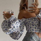 Huibaolu New Summer Women's Wear Sexy And Fashionable Floral Horn Sleeves With Wrinkles Showing Navel Short Blouse