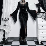 Huibaolu Autumn Style New Style Slim Velvet Dress With Dark Goth Horn Sleeves Tied With Forks