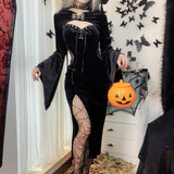 Huibaolu Halloween New Women's Dress Suit Hat Horn Sleeve Spider Web Dress