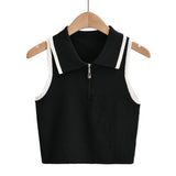 Huibaolu New Summer Lapel With Color Zipper Knitted Vest Shows The Navel Short Style Blouse.