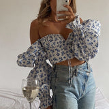 Huibaolu New Summer Women's Wear Sexy And Fashionable Floral Horn Sleeves With Wrinkles Showing Navel Short Blouse