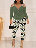 Huibaolu Autumn And Winter Women's Wear New Shoulder Spliced Long-Sleeved Printed Trousers Two Sets