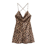 Huibaolu New Spring Animal Print Silk Satin Back Halter Dress