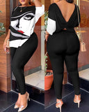 Huibaolu Autumn New Women's Fashion Leisure Bare-Back Printed Trousers Suit